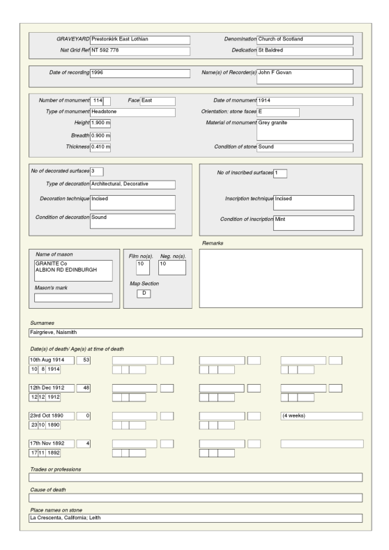 database layout showing stone data